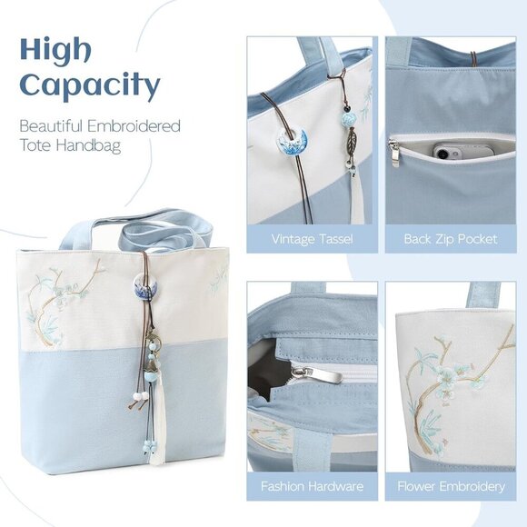 Elegant Vintage Silk Pattern Shoulder Handbag Tote Bag with Pendant and Tassels - Picture 5 of 8